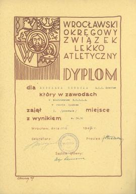 Dyplom dla Antczaka Henryka A.Z.S. Wrocław który w zawodach o Mistrzostwo W.O.Z.L.A. w rzucie dys...