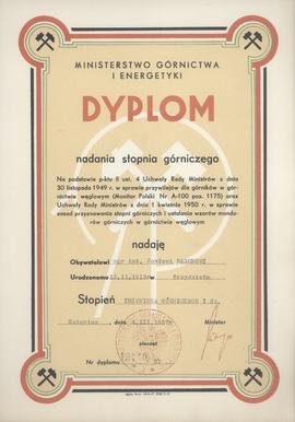 Dyplom nadania stopnia górniczego