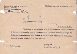 Do Ob. Posackiej Janiny pismo Zarządu Miejskiego w Kłodzku zawiadamiające o zmianie miejsca zatru...